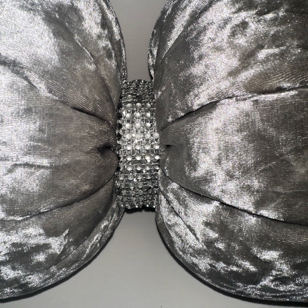 Custom-Made Silver Bow Pillow from England – Crushed Velvet & Rhinestone Center - Picture 3 of 3
